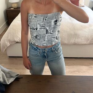 zara newspaper print corset top
